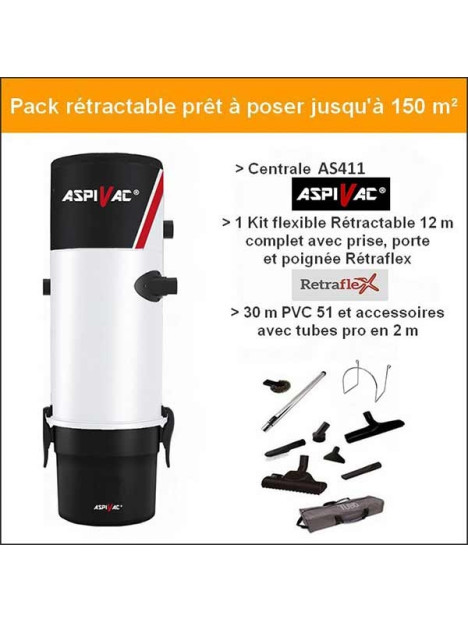 Pack rétractable 150m² prêt à poser centrale Aspivac AS411 avec flexible rétractable 12 M